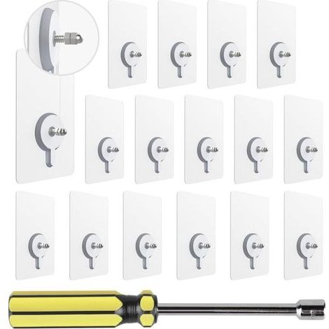 16PCS Vis Adhésives Détachables Transparent avec Tournevis à Douille, Clous de Suspension Auto-Adhésifs avec Barre à Visser de 10mm, Sans Percer pour Salle de Bains Cuisine