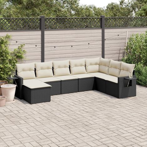 Ensemble de jardin 8 places en résine tressée noire avec coussins crème - Salon extérieur modulaire avec tables d'appoint (1/5)