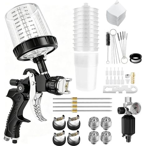Kit Pistolet à Peinture HVLP, Système de Pulvérisation de Peinture Avec Buses de 1,4/1,7/2,0/2,5 mm et Régulateur de Pression d'air, 10 Godets Jetables de 600 ml (1/5)