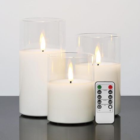 KLVGTIFS PU - Bougies LED en verre transparent avec télécommande, effet flamme réaliste, sans flamme, lot de 3, diamètre 7,6 cm, hauteur 10,2 cm, 12,7 cm, 15,2 cm