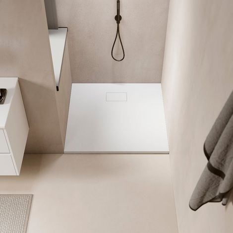 Stano. – Receveur de douche extra plat 80 x 80 cm blanc – Surface aspect ardoisé – Antidérapant PN24 – Installation à poser ou encastrer