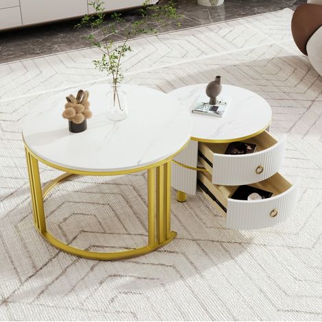 Set de 2 mesas de centro 70x70x46 y 50x50x40 cm blancas de MDF con efecto mármol, brillo y 2 cajones (1/5)