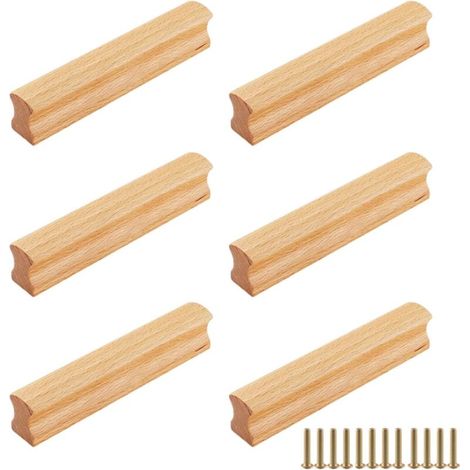 Poignées, lot de 6 poignées de meubles en bois, entraxe de 128 mm, poignées en bois avec vis, poignées de tiroir en bois pour armoires, commodes, tiroirs