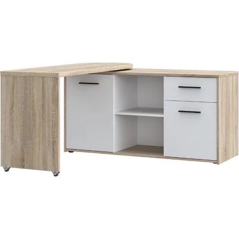 Bureau d'angle rotatif 144 cm à 232 cm décor bois et blanc - ALKIRA