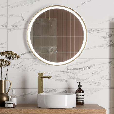 Aquari Round LED Mirror Illuminated Touch Bathroom Demister Mains Powered Brushed Brass (1/4)