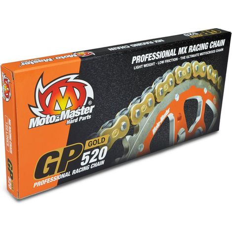 Chaîne MOTO-MASTER DRIVE GP-520G MX PROFESSIONAL MOTOCROSS RACING CHAÎNE SANS JOINTS TORIQUES, COULEUR OR (120 MAILLONS, CLIP INCLUS)