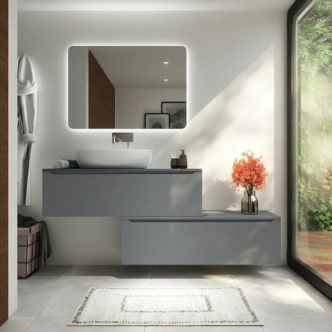 Mobile bagno sospeso modulare 120 cm grigio opaco due cassetti con top Bako (1/4)