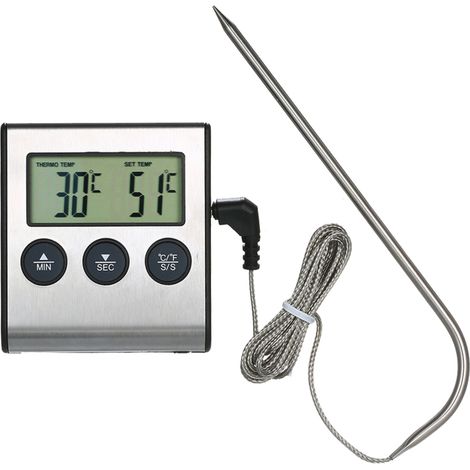 Termómetro para barbacoa, termómetro para alimentos de 0 a 250 °C con alarma y temporizador, pantalla digital LCD, ideal para cocinar, asar a la parrilla y hacer barbacoas. (1/5)