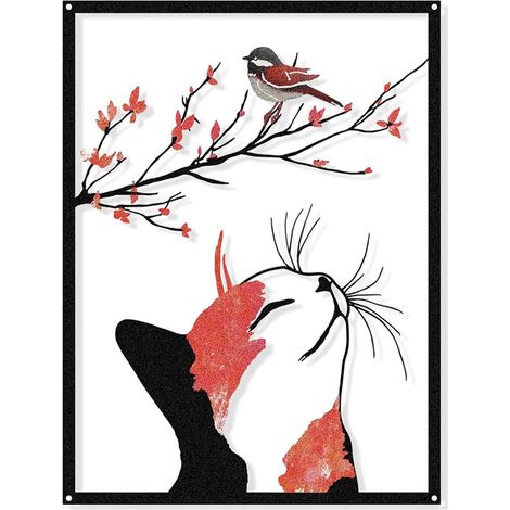 Metal Wall Decor Cat Silhouette Bird on Branch Sign Decorative Wall Hanging Decor Living Room Bedroom (1/5)