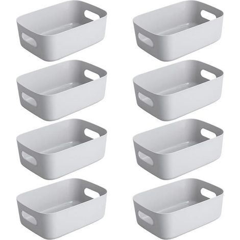 Lot de 8 Panier de Rangement en Plastique Gris, Panier Plastique Rangement, Panier en Plastique avec Anse, 20.5x14.5 x7.5cm (1/4)
