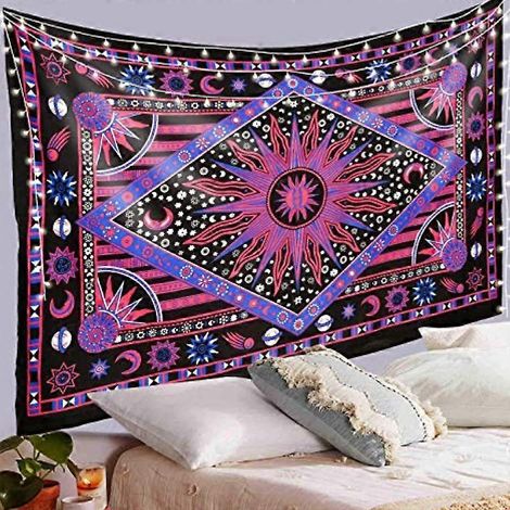 Tapisserie murale bohème avec motif céleste soleil, lune et étoiles, style tarot, couvre-lit de plage, rideau, décoration de chambre. (1/2)
