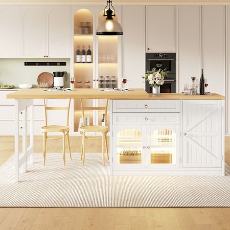 Îlot de cuisine extensible blanc 120–194x40x73,5cm, plateau pivotant 360°, table à manger, portes vitrées, tiroirs et étagères de rangement (1/5)