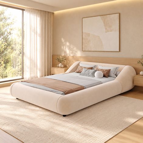 Letto matrimoniale 140x200 cm in velluto beige con LED effetto sospeso - MEUBLIV (1/5)