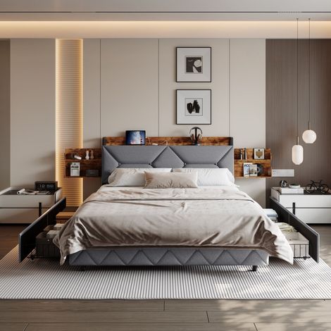 Lit 140x200 cm,4 tiroirs et USB Type C,tissu en Lin,cadre de lit métal,lit double avec sommier,tête de lit Rangement tirant,Gris (1/5)