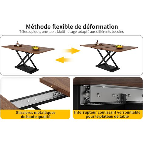 Table à manger extensible en MDF noyer avec pieds en fer croisés noirs 120-160×80 cm (1/5)