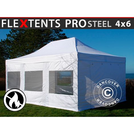 Pop up gazebo FleXtents PRO Steel 4x6 m White, Flame retardant, incl. 8 sidewalls