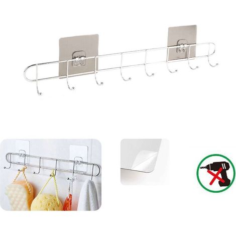 PORTA ASCIUGAMANI CON 8 GANCI BAGNO PARETE SALVIETTE GANCIO CASA ADESIVO 03503 (1/2)