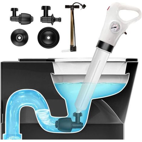 Limpiador neumático de desagües, alta presión, 4 accesorios, acero inoxidable, ABS, para inodoros, lavabos y duchas. (1/5)