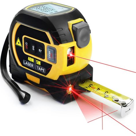 Mètre Laser 3-en-1 avec Ligne Croisée 40m Laser + 5m Ruban AutoBloc Grand Écran LCD (m/ft/in) & Calculs Surface/Volume Bricolage, BTP (1/5)