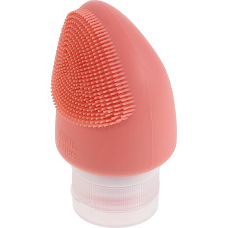 Botella de viaje de silicona de 60 ml con cepillo facial, botella de aseo rosa recargable, para champú y cuidado facial, ideal para viajes cortos. (1/5)