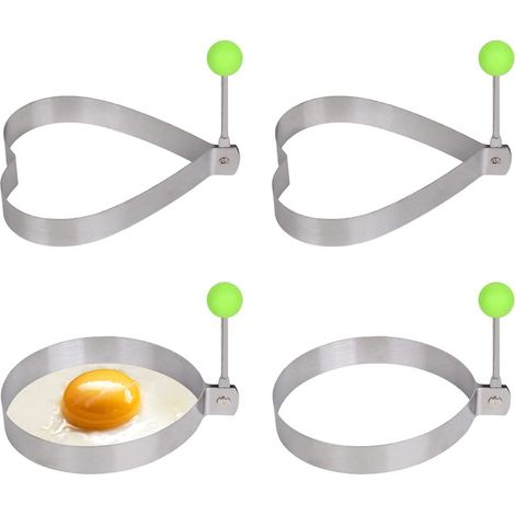 Ensemble de 4 moules à œufs acier inoxydable avec poignées résistantes chaleur, ronds et cœur, antiadhésifs.
