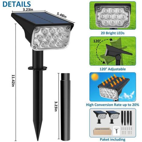 Lampe Solaire Exterieur, Spot Solaire Exterieur 20 LEDs Lumiere Solaire Exterieur Auto On/Off IP65 étanche-Lot de 2 Vert (1/4)