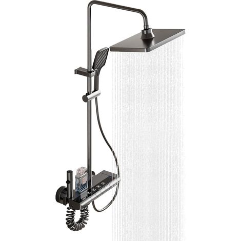 Kit de Robinet de Douche avec Colonne de Douche et Piano Garniture de Douche Thermostatique Pour Salle de Bain avec Colonne Réglable 85-145cm, 4 Modes de Débit d’Eau, Gris Brossé (1/5)