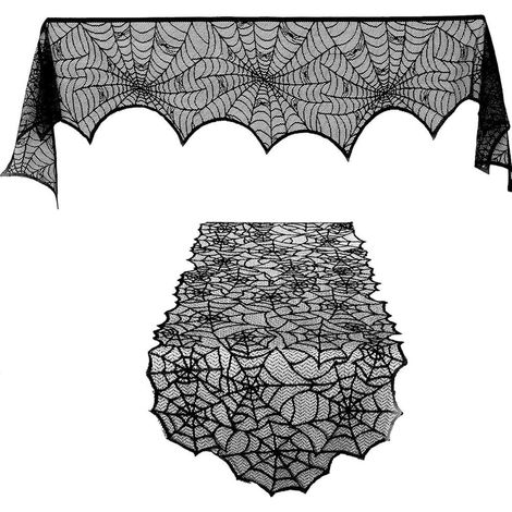 CCYKXAChemin de Table d'halloween en Dentelle, 2 Pièces, Polyester Noir  Décoration Toile D'araignée, Protège Table et Cheminée, Usage Maison ou Hôtel (1/5)