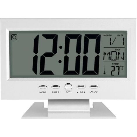 Reloj digital multifuncional con calendario, pantalla LCD, despertador de escritorio, luz nocturna y función de repetición de alarma/fecha/temperatura (plateado) (1/5)