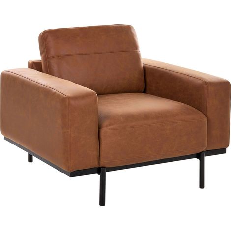 Poltrona moderna da salotto marrone a 1 posto imbottita in ecopelle con schienale rifinito e gambe in metallo nero Sovik (1/5)