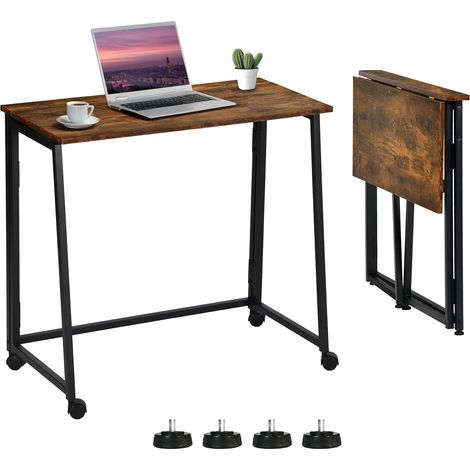 Meuble Cosy Bureau Pliant avec 4 roulettes pour Petits Espaces Table d'Ordinateur Pliante pour Domicile Poste de Travail Chambre Salon, Style Industriel, Cadre en Métal, Marron (1/5)