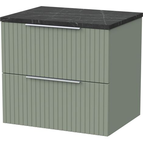 Callingwood Contemporary Wall Hung 2 Drawer Vanity Unit with Black Pietra Marble Laminate Worktop , 600mm, Reed Green