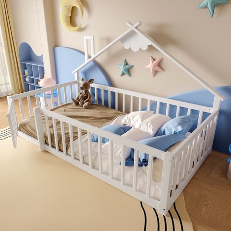 Lit Cabane 90×190 cm, Lit Simple Enfant avec Barrière Verrouillable, pour Enfant, sans Matelas, Blanc