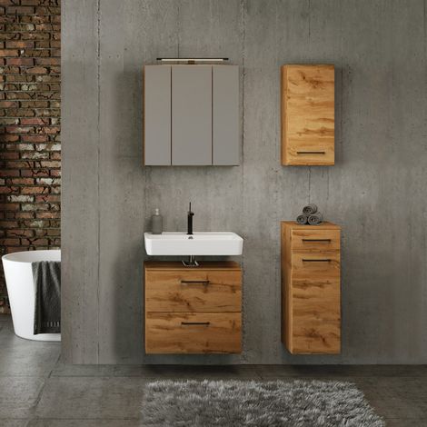 Badezimmer Set in Wotan Eiche Nb. mit Spiegelschrank und LED Beleuchtung, B/H/T: ca. 120/200/35 cm (1/5)