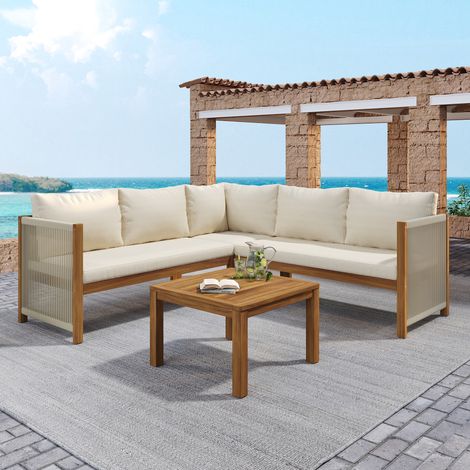 Ensemble de mobilier de jardin en acacia et polyester beige, canapé d'angle avec table basse, accoudoirs en corde tressée (1/5)