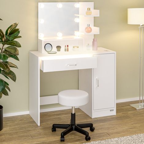 CASARIA® Jocelyn dressing table with stool, LED lighting, mirror, drawer, 3 shelves, make-up cosmetic table, dressing table, white wood With LEDs & Stool
