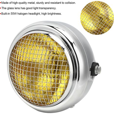 Phare de moto rétro électroplaqué de 7 pouces (18 cm) et 55 W, avec ampoule halogène haute/basse, intégré à la grille du phare et verre jaune. (1/5)