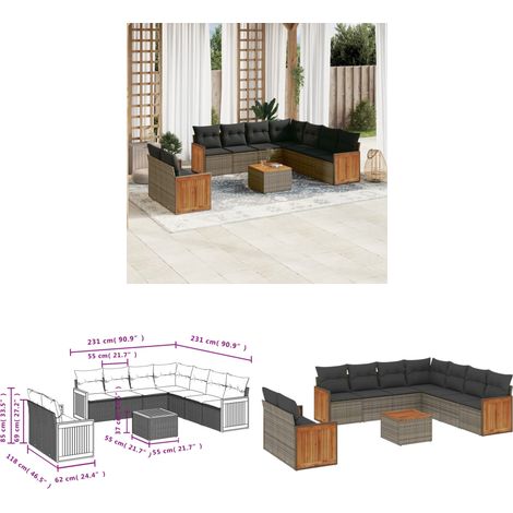 10-tlg. Garten-Sofagarnitur mit Kissen Grau Poly Rattan - Gartenmöbel Set - PE-Rattan Möbel - Outdoor Lounge - Esstisch - Sofasatz - Home & Living (1/3)