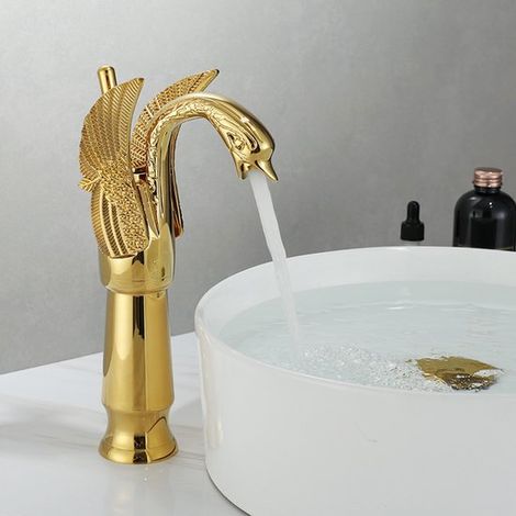 Rubinetto per lavabo con motivo a cigno, ottone anticato, bronzo, a forma di cigno, miscelatore monocomando, montaggio a foro singolo, rubinetto per lavabo alto, miscelatore (1/2)