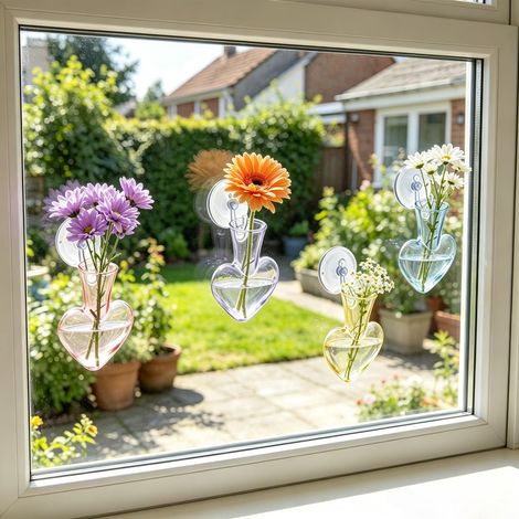 Lot de 4 vases muraux pour plantes d'intérieur en verre en forme de cœur : vase en verre coloré transparent avec ventouse et clous, propagation murale/fenêtre pour culture hydroponique (1/5)