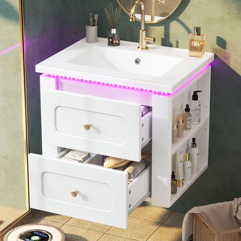 Meuble vasque suspendu 61 x 47 x 50 cm, finition brillante, LED, tiroirs, étagère latérale réglable, sans robinet, MDF + céramique, Blanc (1/5)