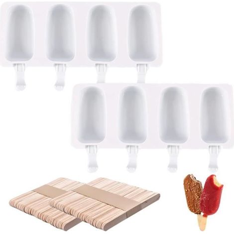 2 moules ovales à 4 cavités, Cake, en silicone réutilisables pour crème glacée maison, Yaourt (100 Bâtonnets en Bois) (1/4)
