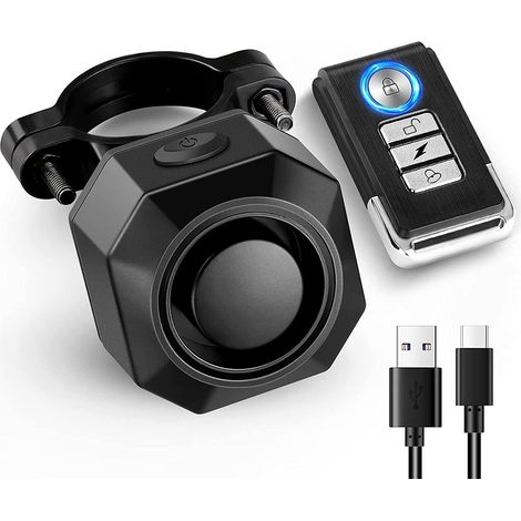 Système d'alarme pour vélo rechargeable par USB, puissant (110 dB), antivol, étanche, pour vélo et moto, trottinette électrique, avec télécommande. (1/5)