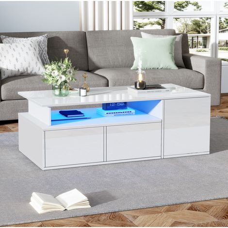 Mesa de centro 100x50x35 cm blanca en aglomerado con LED, 2 cajones y 9 compartimentos (1/5)