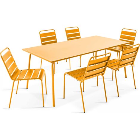 Oviala – Ensemble table de jardin 6 places en métal jaune – Table rectangulaire 180x90cm – Chaises empilables avec patins anti-dérapants