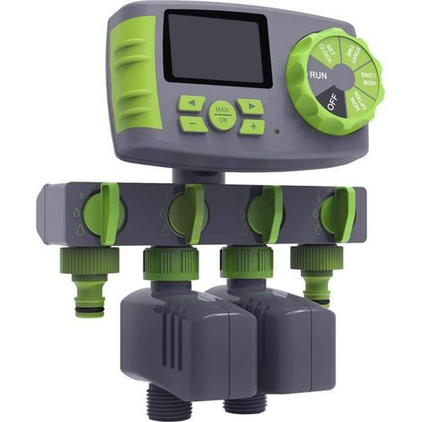 Ordinateur d'arrosage de jardin, minuterie automatique de tuyau d'arrosage à 4 zones avec contrôleur de système d'irrigation à 2 électrovannes, vert et gris (1/5)