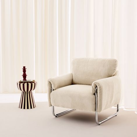 Fauteuil vintage velours côtelé armature chromée blanc cassé - Vintage