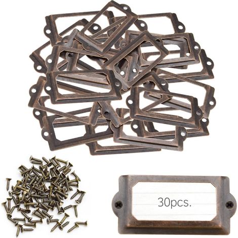 Lot de 30 cadres d'étiquettes en métal vintage - 60 x 17 mm - Porte-étiquettes pour meubles, tiroir, porte-étiquettes avec vis - Pour bureau, bibliothèque (70 x 33 mm/bronze rouge) (1/5)