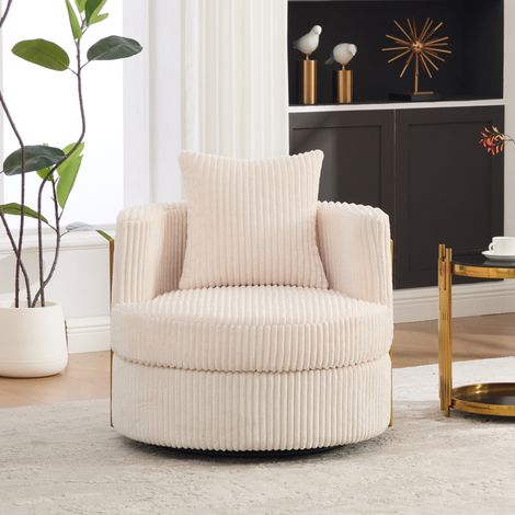 Poltrona girevole a 360 gradi in corduroy beige con seduta imbottita, schienale avvolgente e vano contenitore (1/5)