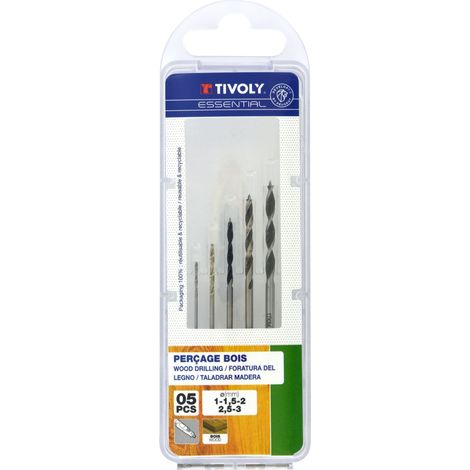 Tivoly - Set di 5 Punte per Legno a 3 Punte HCS Ø1-1,5-2-2,5-3 mm - Adatto per uso su mini trapano tipo Dremel (1/2)